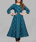 Blue printed viscose rayon long-dresses