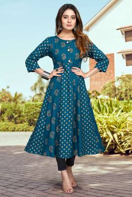 Blue printed viscose rayon long-dresses 2