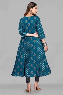 Blue printed viscose rayon long-dresses 3