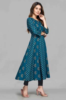 Blue printed viscose rayon long-dresses 4