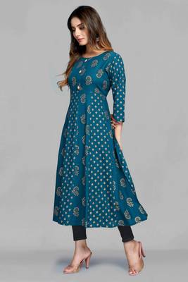 Blue printed viscose rayon long-dresses 5