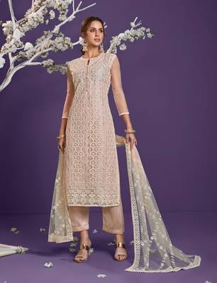 Peach embroidered net salwar 1