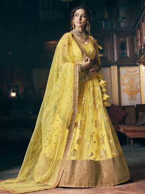 Yellow embroidered net semi stitched lehenga 1