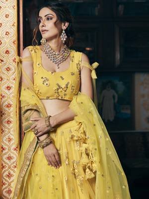 Yellow embroidered net semi stitched lehenga 2