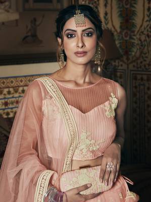 Pink embroidered net semi stitched lehenga 2