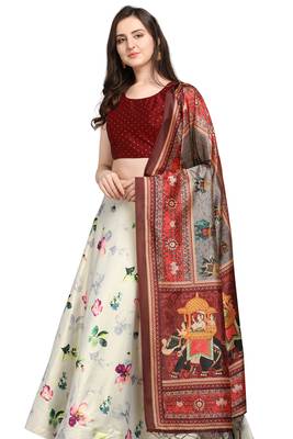 Beige digital print silk semi stitched lehenga 1