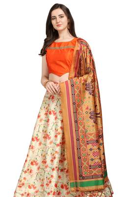 Cream digital print silk semi stitched lehenga 1