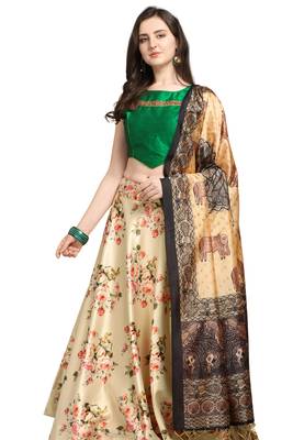 Beige digital print silk semi stitched lehenga 1