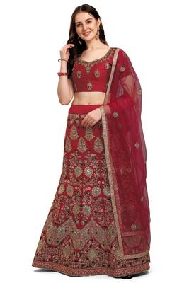 Maroon embroidered silk semi stitched lehenga 1