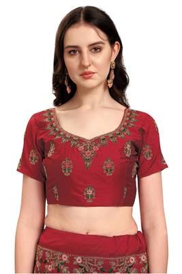 Maroon embroidered silk semi stitched lehenga 4