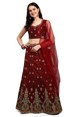 Dark-maroon embroidered silk semi stitched lehenga 1