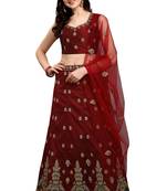 Dark-maroon embroidered silk semi stitched lehenga
