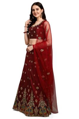 Dark-maroon embroidered silk semi stitched lehenga 2