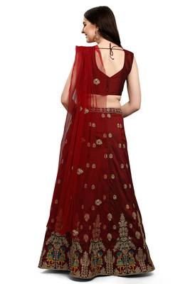 Dark-maroon embroidered silk semi stitched lehenga 3
