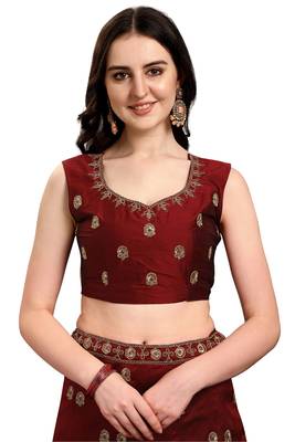 Dark-maroon embroidered silk semi stitched lehenga 4