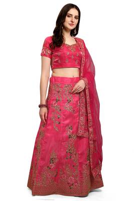 Hot-pink embroidered silk semi stitched lehenga 1