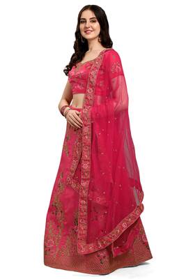 Hot-pink embroidered silk semi stitched lehenga 2