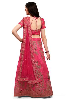 Hot-pink embroidered silk semi stitched lehenga 3