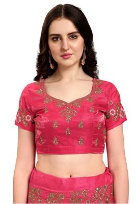 Hot-pink embroidered silk semi stitched lehenga 4