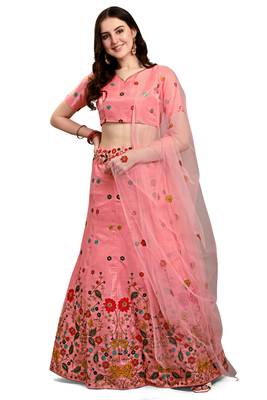Pink embroidered silk semi stitched lehenga 1