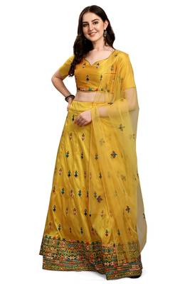 Yellow embroidered silk semi stitched lehenga 1