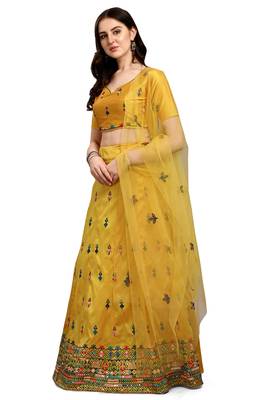Yellow embroidered silk semi stitched lehenga 2