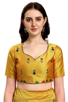 Yellow embroidered silk semi stitched lehenga 4
