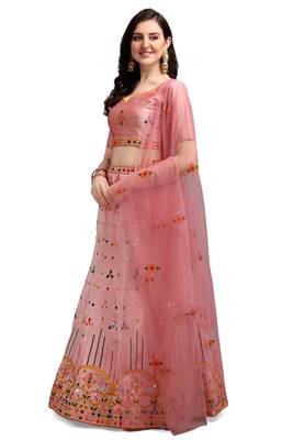 Light-pink embroidered silk semi stitched lehenga 2