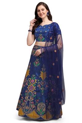 Blue embroidered silk semi stitched lehenga 1