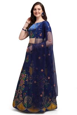 Blue embroidered silk semi stitched lehenga 2