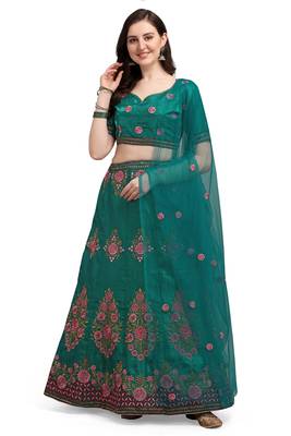 Green embroidered silk semi stitched lehenga 1