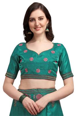 Green embroidered silk semi stitched lehenga 4
