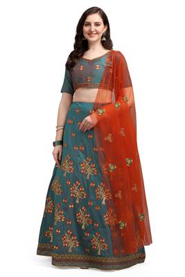 Dark-teal embroidered silk semi stitched lehenga 1