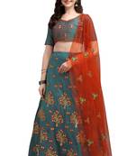 Dark-teal embroidered silk semi stitched lehenga