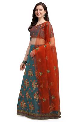 Dark-teal embroidered silk semi stitched lehenga 2