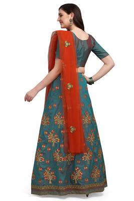 Dark-teal embroidered silk semi stitched lehenga 3