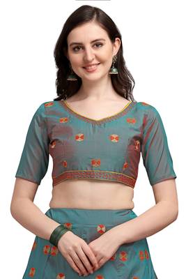 Dark-teal embroidered silk semi stitched lehenga 4