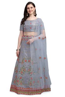 Grey embroidered silk semi stitched lehenga 1