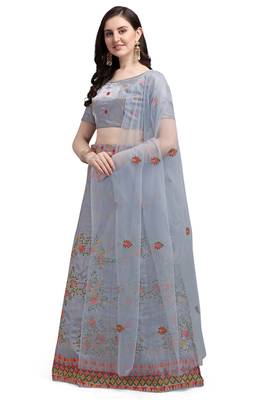 Grey embroidered silk semi stitched lehenga 2