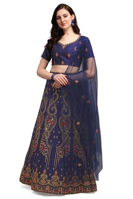 Navy-blue embroidered silk semi stitched lehenga 1
