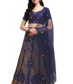 Navy-blue embroidered silk semi stitched lehenga