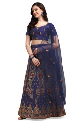 Navy-blue embroidered silk semi stitched lehenga 2