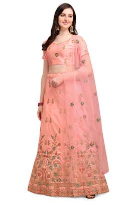 Peach embroidered silk semi stitched lehenga 1
