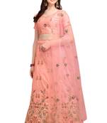 Peach embroidered silk semi stitched lehenga