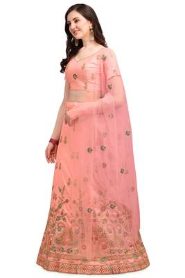 Peach embroidered silk semi stitched lehenga 2