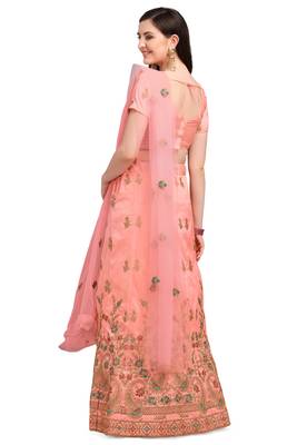 Peach embroidered silk semi stitched lehenga 3