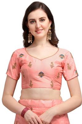 Peach embroidered silk semi stitched lehenga 4