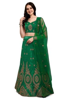 Dark-green embroidered silk semi stitched lehenga 1
