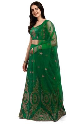 Dark-green embroidered silk semi stitched lehenga 2