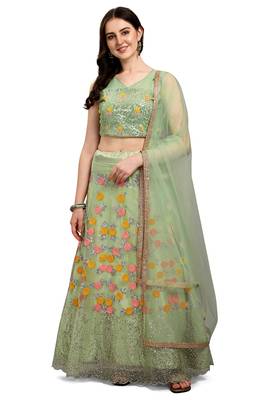 Light-green embroidered net semi stitched lehenga 1